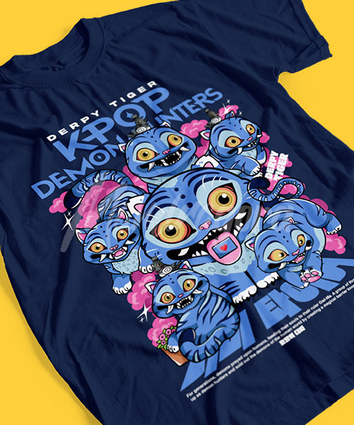 HUNTRIX-KPop-Demon-Hunters-Derpy-Tiger-Etapas-Tshirt-Blue