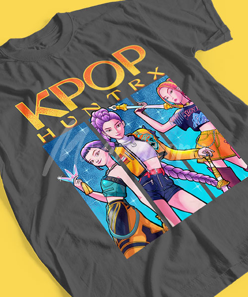 HUNTRIX-KPop-Demon-Hunters-Grupo-de-Cazadoras-Tshirt-Grey