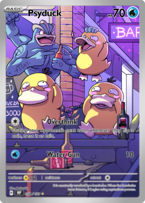 Carta Pokemon Machamp y Psyduck bebiendo fuera del bar